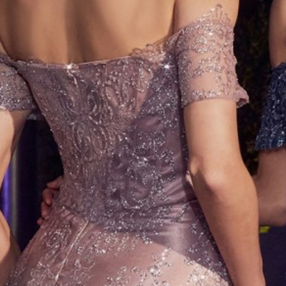 New long emerald, platinum, rose gold off the shoulder glitter tulle lace up - Picture 8 of 9